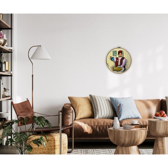 Handcrafted Circular Canvas Art – Traditional Tea Pouring Scene - Picture 4 of 5